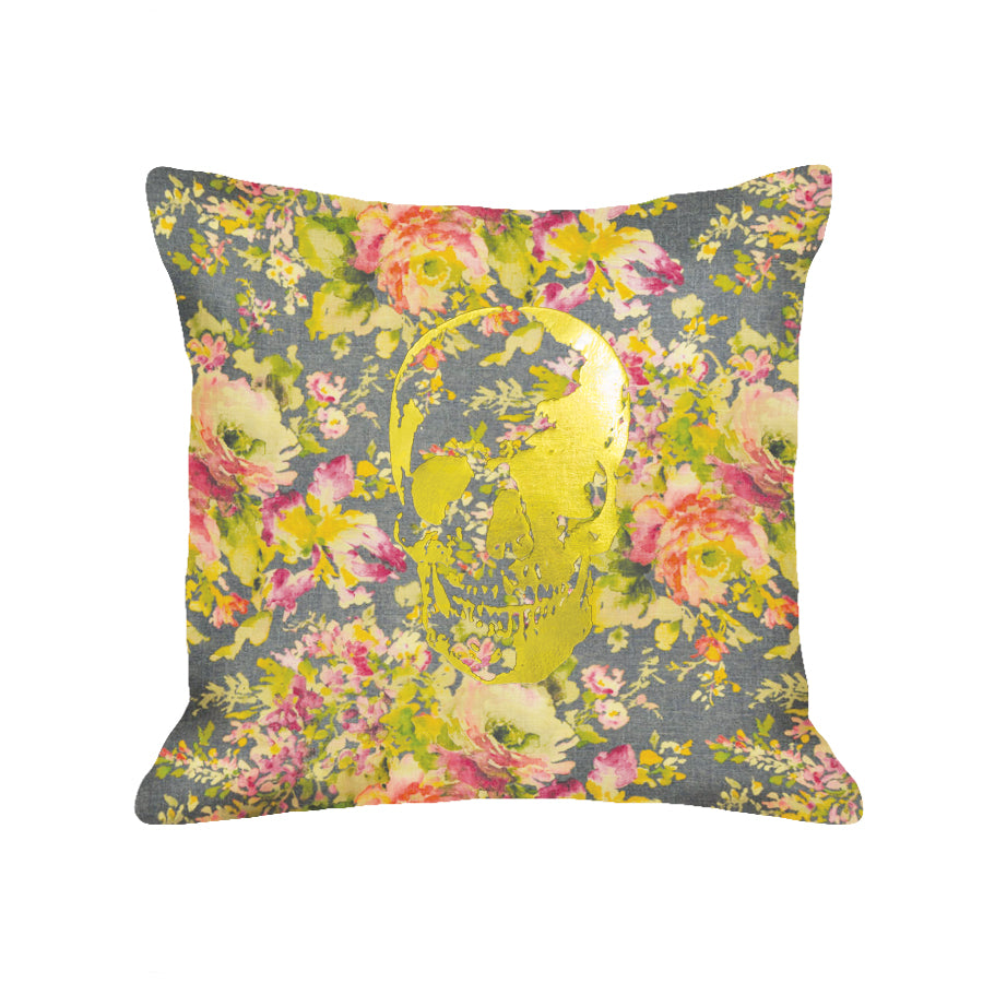 Skull Pillow - dark floral / gold foil