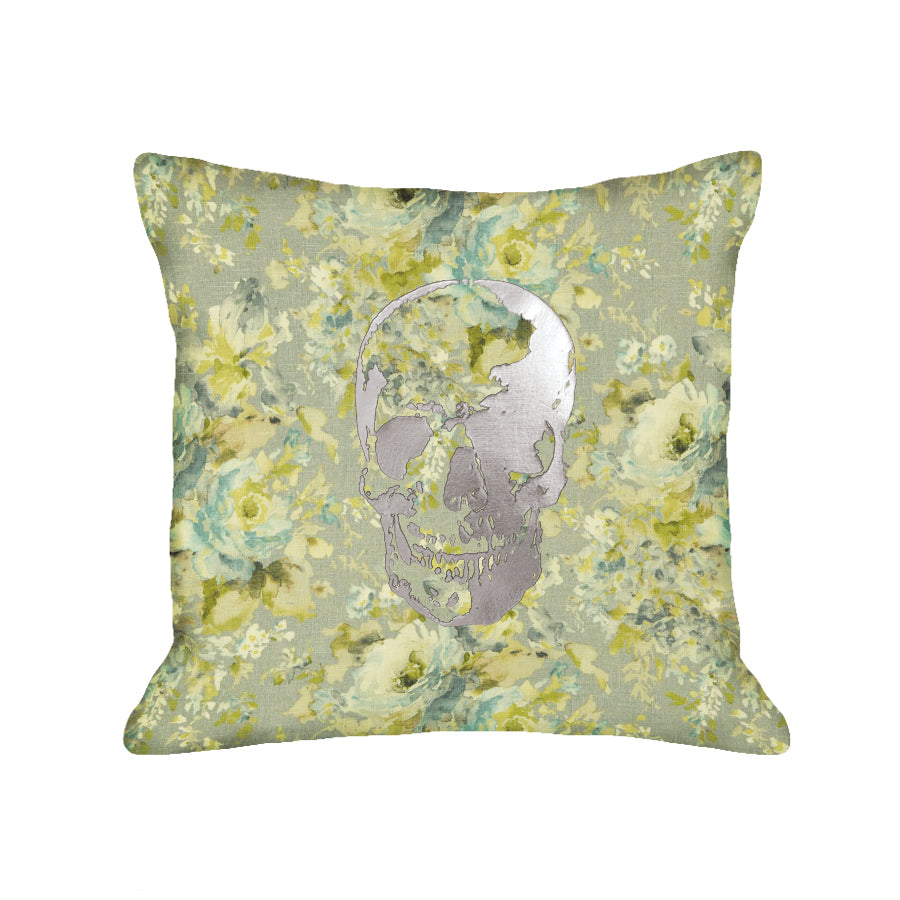 Skull Pillow - light floral / gunmetal foil