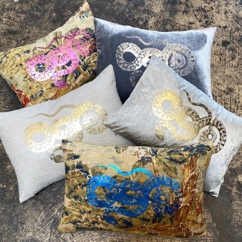 Denim Flocked Peony Pillow