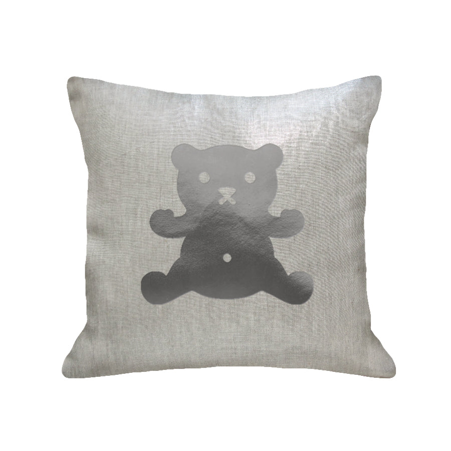 Teddy Bear Pillow - linen oatmeal / gunmetal foil