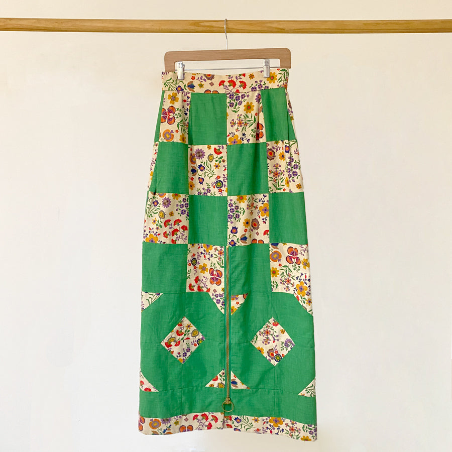 60-70s Cotton Zip Front Patchwork Skirt