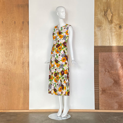 1970s Abstract Floral Print Maxi Dress